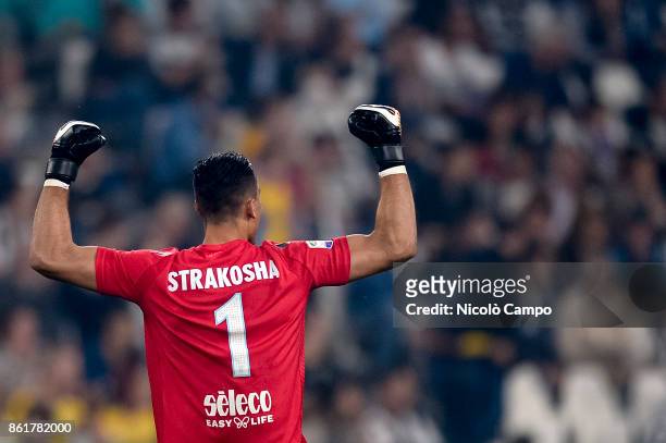 Thomas Strakosha of SS Lazio celebrates after a goal of his team during the Serie A football match between Juventus FC and SS Lazio. SS Lazio wins...
