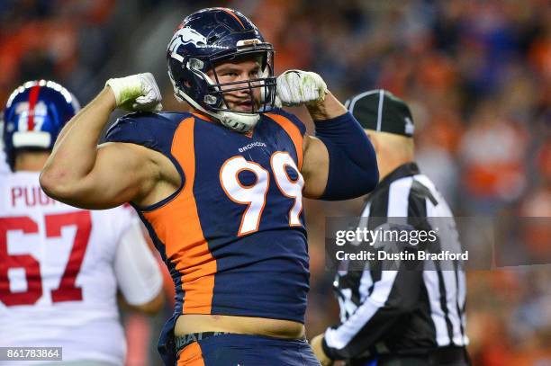 Defensive end Adam Gotsis of the Denver Broncos celebrates after a sack against the New York Giants at Sports Authority Field at Mile High on October...