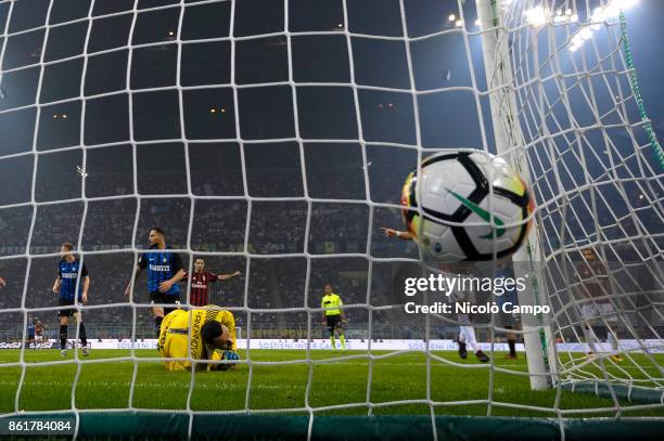 Suso of AC Milan scores a goal during the Serie A football match between FC Internazionale and AC Milan. FC Internazionale wins 3-2 over AC Milan.