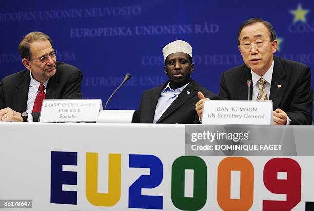 European Union Foreign Policy Chief Javier Solana Sheikh Sharif Ahmed Somalian President and Secretary General of the United Nations Ban Ki-moon hold...