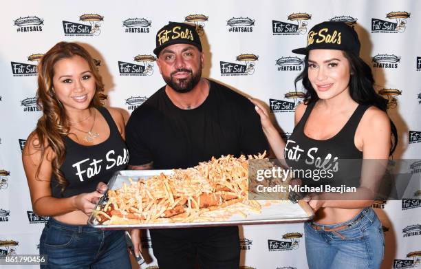 Kathryn Le , Joshua Stone and CJ Sparxx attends Fat Sal's Encino Grand Opening Party on October 15, 2017 in Encino, California.