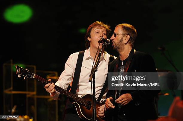 Paul McCartney and Ringo Starr perform during the David Lynch Foundation "Change Begins Within" show held at the Radio City Music Hall on April 4,...