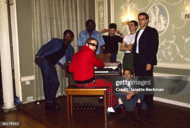 Portrait of British ska group The Specials, England, 1981. Pictured are, from left, Neville Staple , Jerry Dammers , Lynval Golding , Roddy Byers ,...