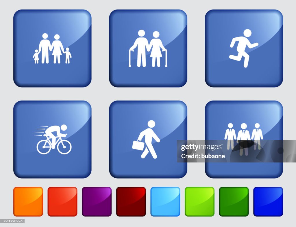 People and Modern Life Icon Set on Blue Sticker Button Background