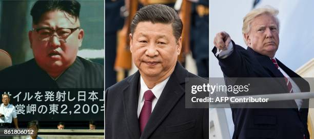 This combination of file pictures created on October 16, 2017 shows China's President Xi Jinping at the Great Hall of People in Beijing on April 20...