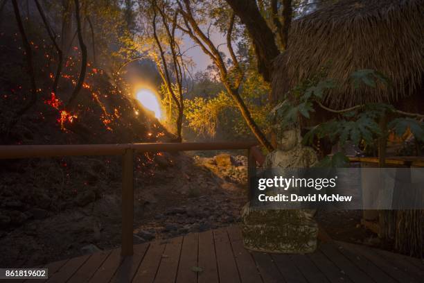 Backfire is set by firefighters to protect houses in Adobe Canyon burns near a back deck statue during the Nuns Fire on October 15, 2017 near Santa...