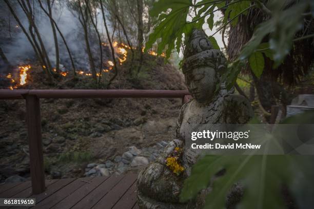 Backfire is set by firefighters to protect houses in Adobe Canyon burns near a back deck statue during the Nuns Fire on October 15, 2017 near Santa...