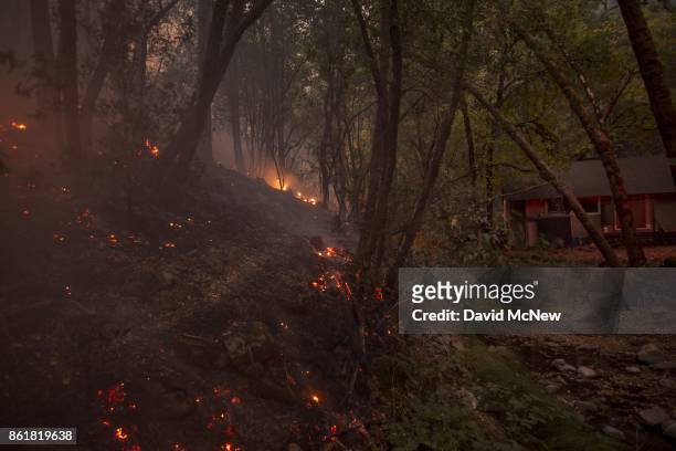 Backfire is set by firefighters to protect houses in Adobe Canyon smolders near a house during the Nuns Fire on October 15, 2017 near Santa Rosa,...