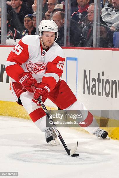 Defenseman Niklas Kronwall of the Detroit Red Wings skates with the puck against the Columbus Blue Jackets during Game Three of the Western...