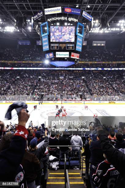 General view as the Columbus Blue Jackets and the Detroit Red Wings get ready to take the opening faceoff to start the first ever playoff game in...