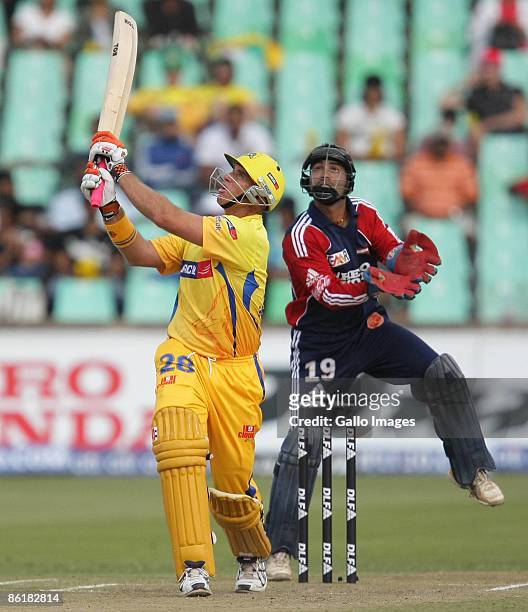 Matthew Hayden hits out to be caught out by Dirk Nannes during the IPL T20 match between Chennai Super Kings and Delhi Daredevils from Sahara Park on...