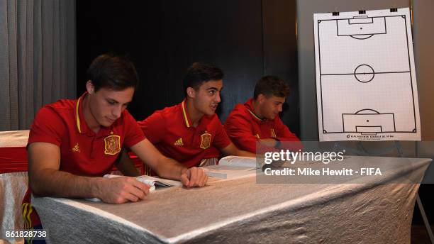 Marc Vidal, Diego Pampin and Nacho Diaz of Spain spend one hour a day on their studies during the FIFA U-17 World Cup India 2017 tournament at the...