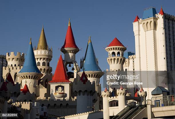 The colorful and whimsical spires of the Excalibur Hotel, located on the famed Las Vegas Strip, are viewed in this 2009 Las Vegas, Nevada, daytime...