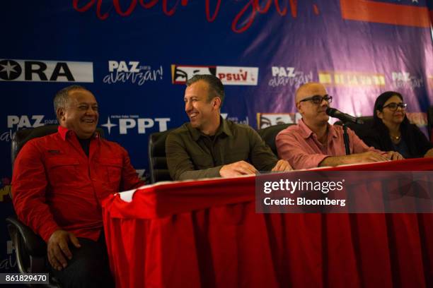 Diosdado Cabello, vice president of the United Socialist Party, from left, Tareck El Aissami, vice president of Venezuela, Jorge Rodriguez, mayor of...