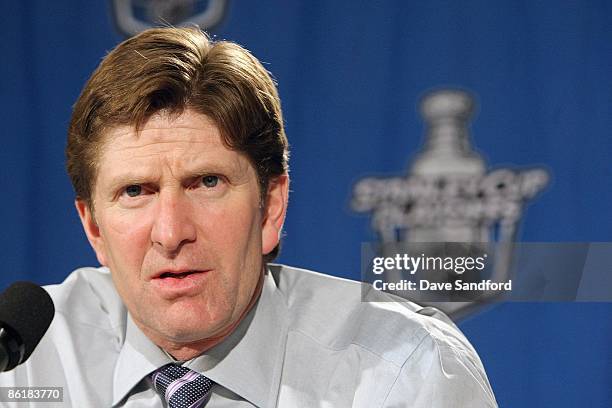 Head Coach Mike Babcock of the Detroit Red Wings talks at a press conference after facing the Columbus Blue Jackets during Game One of the Western...