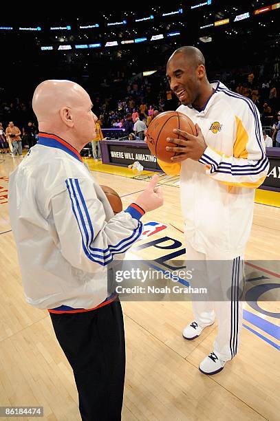 Referee Joe Crawford talks to Kobe Bryant of the Los Angeles Lakers before Game One of the Western Conference Quarterfinals against the Utah Jazz...