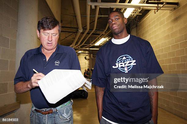 Craig Sager of TNT interviews Ronnie Brewer of the Utah Jazz after practice prior to the game against the Los Angeles Lakers in Game Three of the...