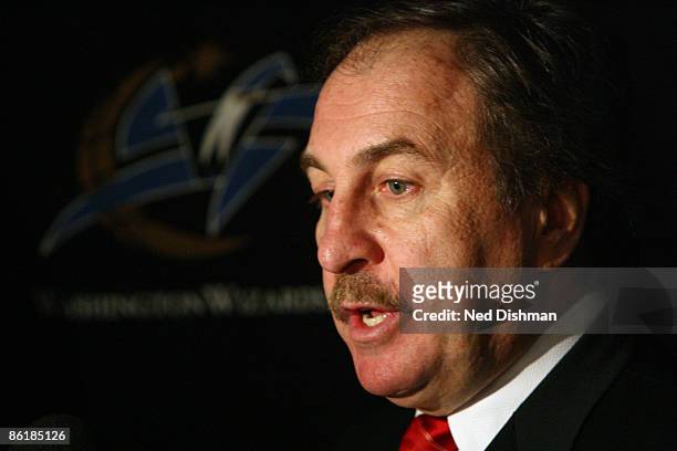 Washington Wizards General Manager Ernie Grunfeld speaks to the press during a press conference at the Verizon Center on April 23, 2009 in...