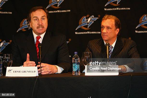 Flip Saunders of the Washington Wizards is introduced as the new Head Coach along with General Manager Ernie Grunfeld during a press conference at...