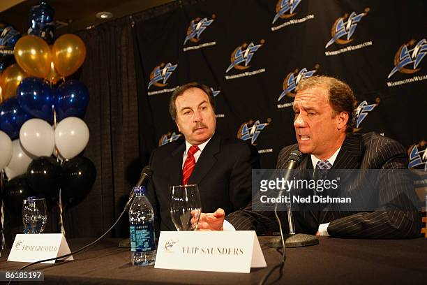 Flip Saunders of the Washington Wizards is introduced as the new Head Coach along with General Manager Ernie Grunfeld during a press conference at...