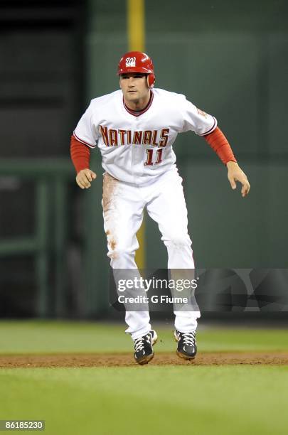 Ryan Zimmerman of the Washington Nationals takes a lead from first base during the game against the Florida Marlins on April 17, 2009 at Nationals...