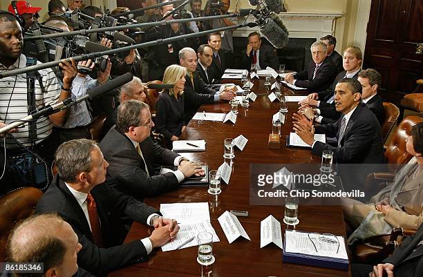 President Barack Obama holds a meeting with officials from the credit card industry at the White House April 23, 2009 in Washington, DC. At the...