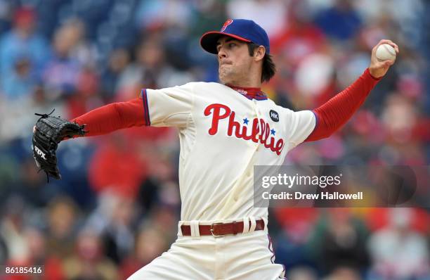 Starting pitcher Cole Hamels of the Philadelphia Phillies throws a pitch during the game against the Milwaukee Brewers on April 23, 2009 at Citizens...