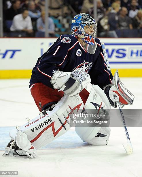 Steve Mason of the Columbus Blue Jackets looks up ice against the Detroit Red Wings during Game Three of the Western Conference Quarterfinals of the...