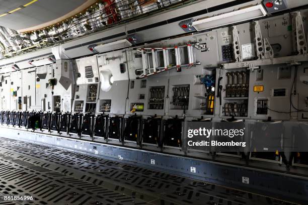 The interior of a C-17 Globemaster III aircraft, manufactured by Boeing Co., is seen during a press day of the Seoul International Aerospace &...