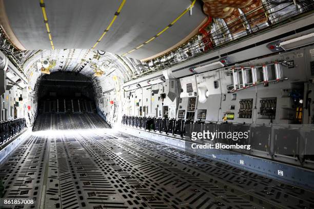 The interior of a C-17 Globemaster III aircraft, manufactured by Boeing Co., is seen during a press day of the Seoul International Aerospace &...