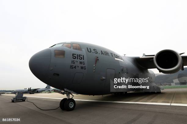 Air Force C-17 Globemaster III aircraft, manufactured by Boeing Co., stands on display during a press day of the Seoul International Aerospace &...