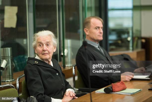 Holocaust denier Ursula Haverbeck-Wetzel arrives for her trial at the Amtsgericht Tiergarten courthouse on October 16, 2017 in Berlin, Germany....