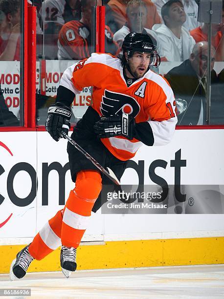 Simon Gagne of the Philadelphia Flyers skates against the Pittsburgh Penguins during Game Four of the Eastern Conference Quarterfinal Round of the...