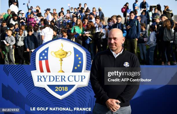 Europe's Ryder Cup captain Thomas Bjorn poses during the 2018 Ryder Cup media day on october 16, 2017 at the Golf National in Guyancourt, near Paris,...