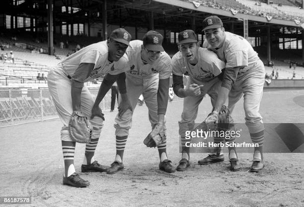 All-Star Game: Portrait of St. Louis Cardinals Bill White , Julian Javier , Dick Groat and Ken Boyer before game vs American League at Cleveland...