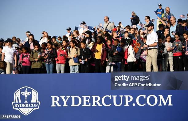 The logo of the Ryder Cup is seen during the 2018 Ryder Cup media day on october 16, 2017 at the Golf National in Guyancourt, near Paris, the venue...