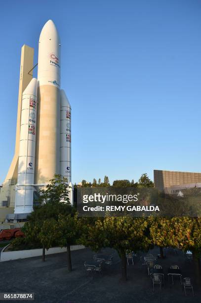 Picture taken on October 16, 2017 in Toulouse, southern France shows the Ariane 5 rocket at the Cite de l'Espace , which celebrates its 20th...