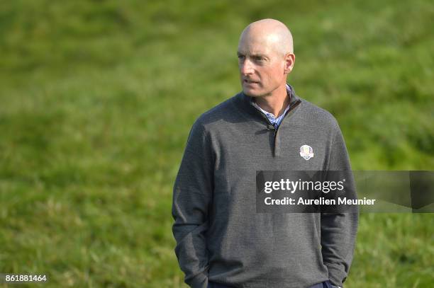 Jim Furyk of the United States of America, Captain of the Ryder Cup 2018 reacts during the Captain's Challenge at Golf National on October 16, 2017...