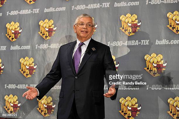 Commissioner David Stern speaks prior to the game between the Boston Celtics and the Chicago Bulls in Game Three of the Eastern Conference...