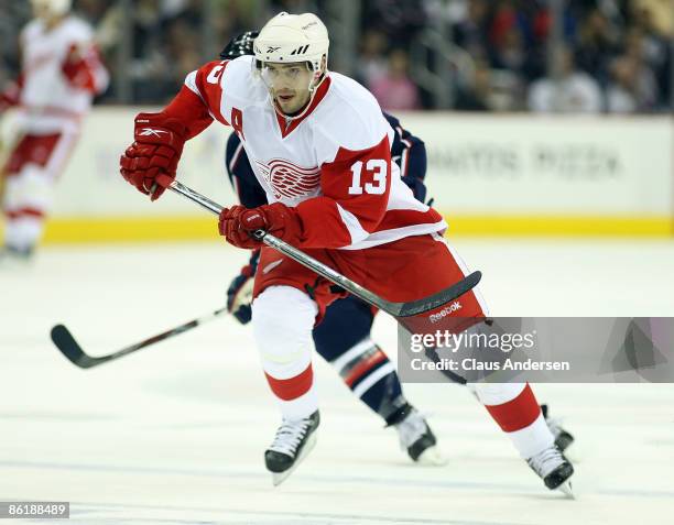 Pavel Datsyuk of the Detroit Red Wings skates against the Columbus Blue Jackets during Game Four of the Western Conference Quarterfinals of the 2009...