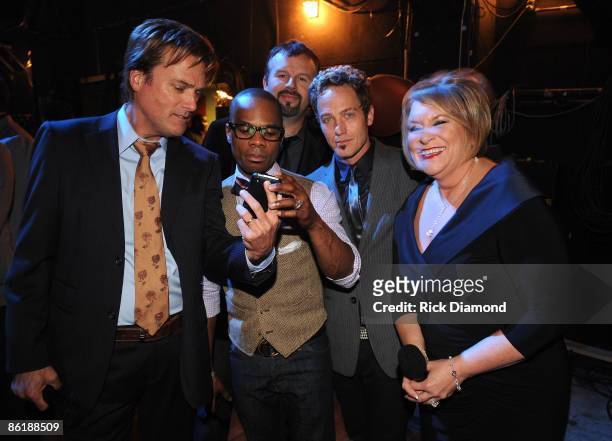 Musicians Michael W. Smith, Mark Hall of Casting Crowns, Krik Franklin, TobyMac and Sandi Patty backstage at the 40th Annual GMA Dove Awards held at...
