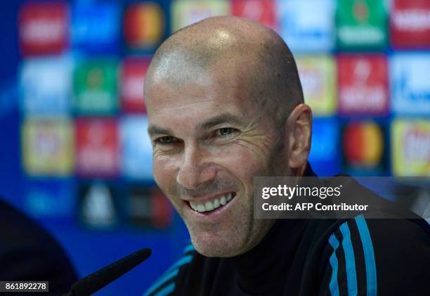 Real Madrid's French coach Zinedine Zidane gives a press conference after a training session at Valdebebas Sport City in Madrid on October 16, 2017...