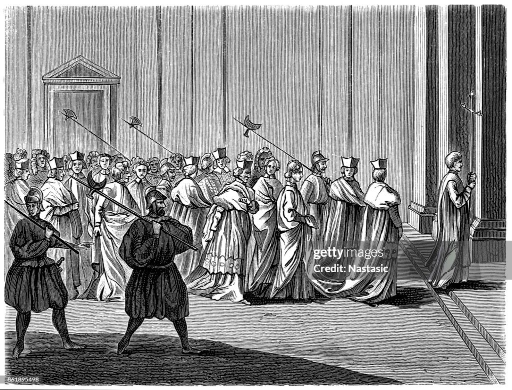 Meeting for Pope election conclave. According to Picart, "Religious ceremonies."