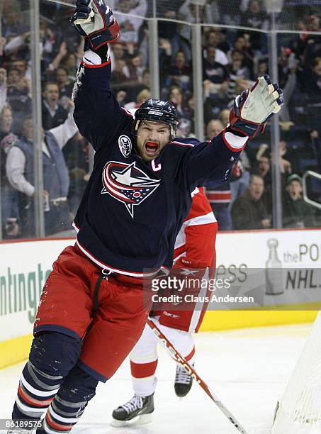 Rick Nash of the Columbus Blue Jackets celebrates scoring a goal against the Detroit Red Wings during Game Four of the Western Conference...