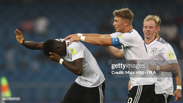 Yann Bisseckl of Germany reacts after scoring a goal to make it 0-2 during the FIFA U-17 World Cup India 2017 Round of 16 match between Columbia and...