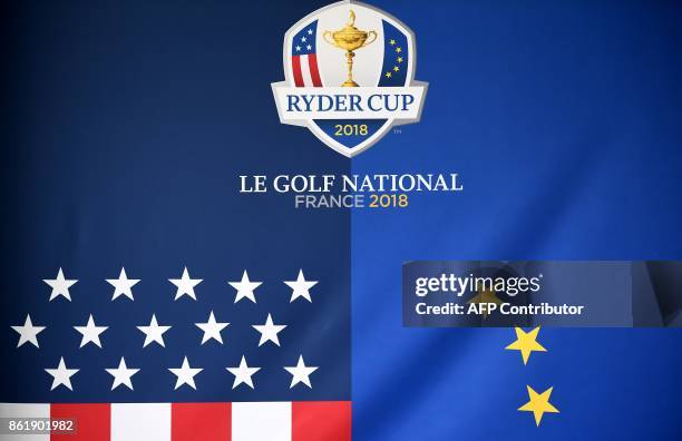 The Ryder Cup's logo is seen during the 2018 Ryder Cup media day on october 16, 2017 at the Golf National in Guyancourt, near Paris, the venue of the...