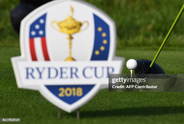 The Ryder Cup's logo is seen during the 2018 Ryder Cup media day on october 16, 2017 at the Golf National in Guyancourt, near Paris, the venue of the...