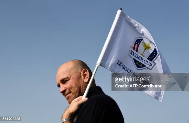 Europe's Ryder Cup captain Thomas Bjorn is seen during the 2018 Ryder Cup media day on october 16, 2017 at the Golf National in Guyancourt, near...