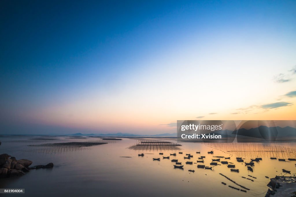 Sunset in the sea with lots of boats in Xiapu