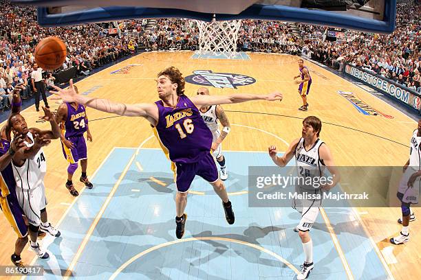 Pau Gasol of the Los Angeles Lakers goes for the rebound during play against the Utah Jazz in Game Three of the Western Conference Quarterfinals...